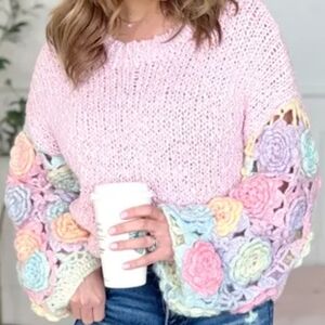 RareRaw Floral Crochet Sleeve Pastel Sweater, EUC, M/L- STUNNING🩷🌸🌼
